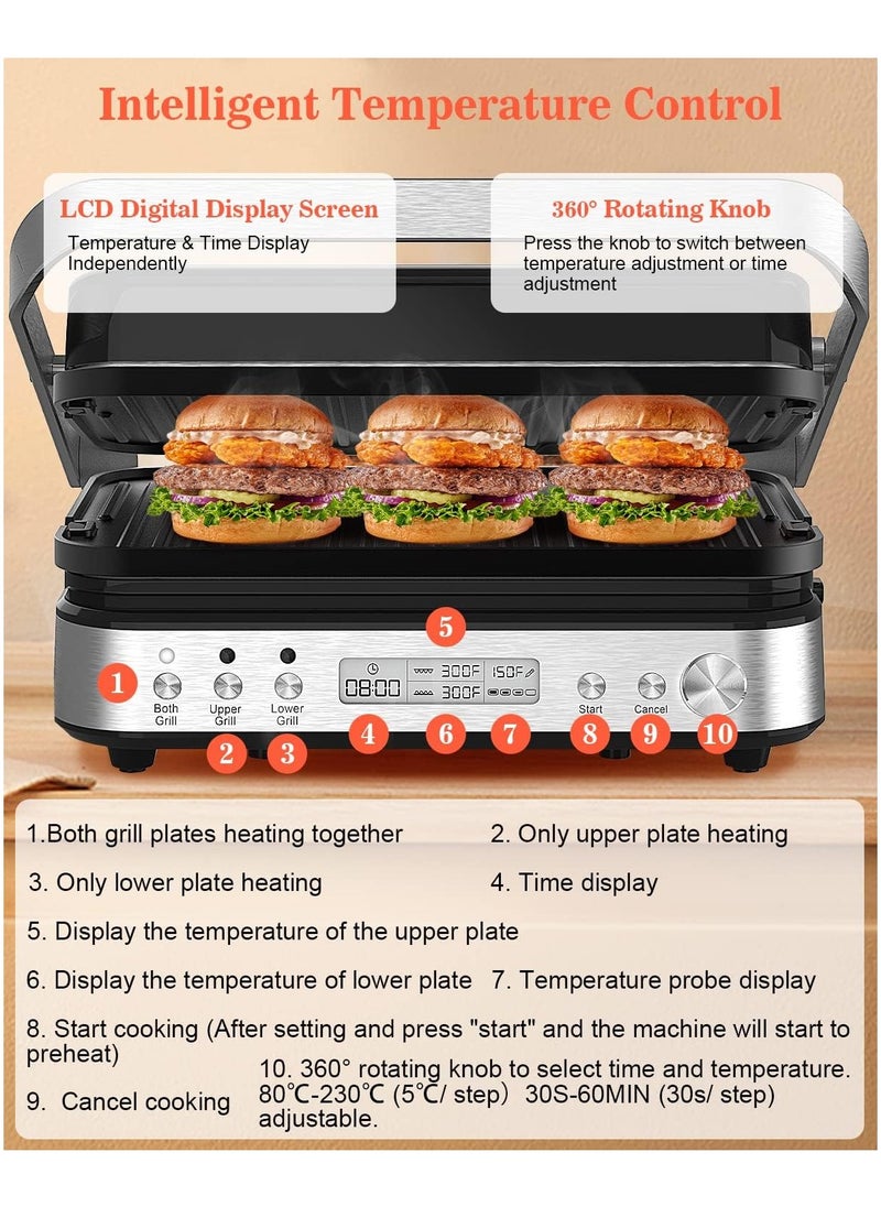 5 in 1 Indoor Grill, Electric Contact Grill and Griddle, Panini Press Grill Sandwich Maker with Meat Thermometer, LCD Display, Stainless Steel, Healthy Ceramic Nonstick, PFAS-Free, 2000W - pzsku/Z4AF567722D8E65EFA01DZ/45/_/1714599034/096ddf63-31d8-4ad4-94b0-5d054f362412