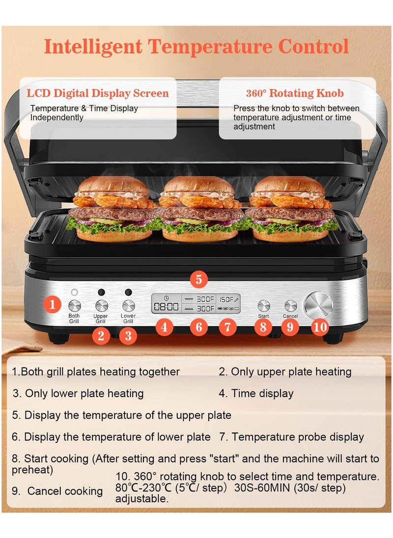 5 in 1 Indoor Grill, Electric Contact Grill and Griddle, Panini Press Grill Sandwich Maker with Meat Thermometer, LCD Display, Stainless Steel, Healthy Ceramic Nonstick, PFAS-Free, 2000W