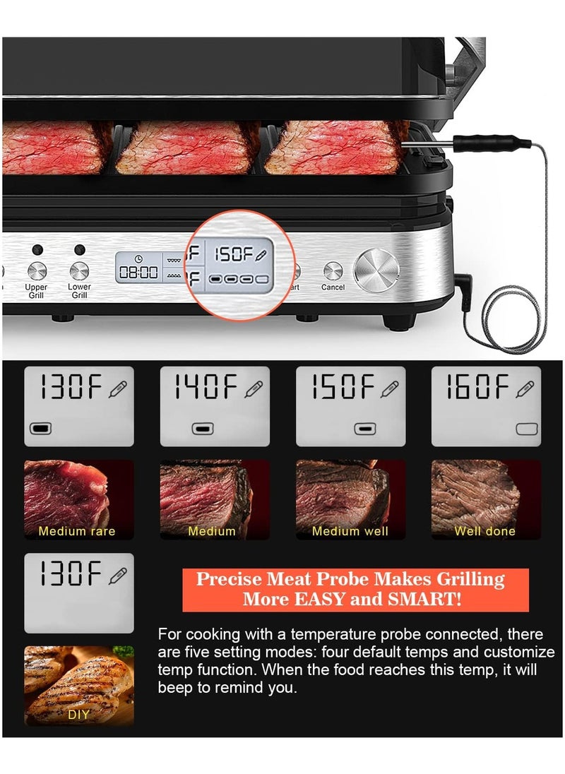 5 in 1 Indoor Grill, Electric Contact Grill and Griddle, Panini Press Grill Sandwich Maker with Meat Thermometer, LCD Display, Stainless Steel, Healthy Ceramic Nonstick, PFAS-Free, 2000W
