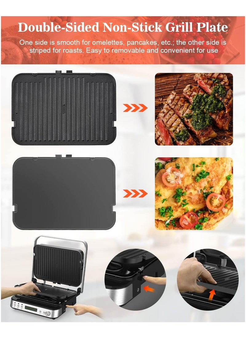 5 in 1 Indoor Grill, Electric Contact Grill and Griddle, Panini Press Grill Sandwich Maker with Meat Thermometer, LCD Display, Stainless Steel, Healthy Ceramic Nonstick, PFAS-Free, 2000W