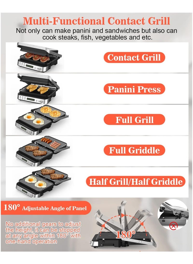 5 in 1 Indoor Grill, Electric Contact Grill and Griddle, Panini Press Grill Sandwich Maker with Meat Thermometer, LCD Display, Stainless Steel, Healthy Ceramic Nonstick, PFAS-Free, 2000W