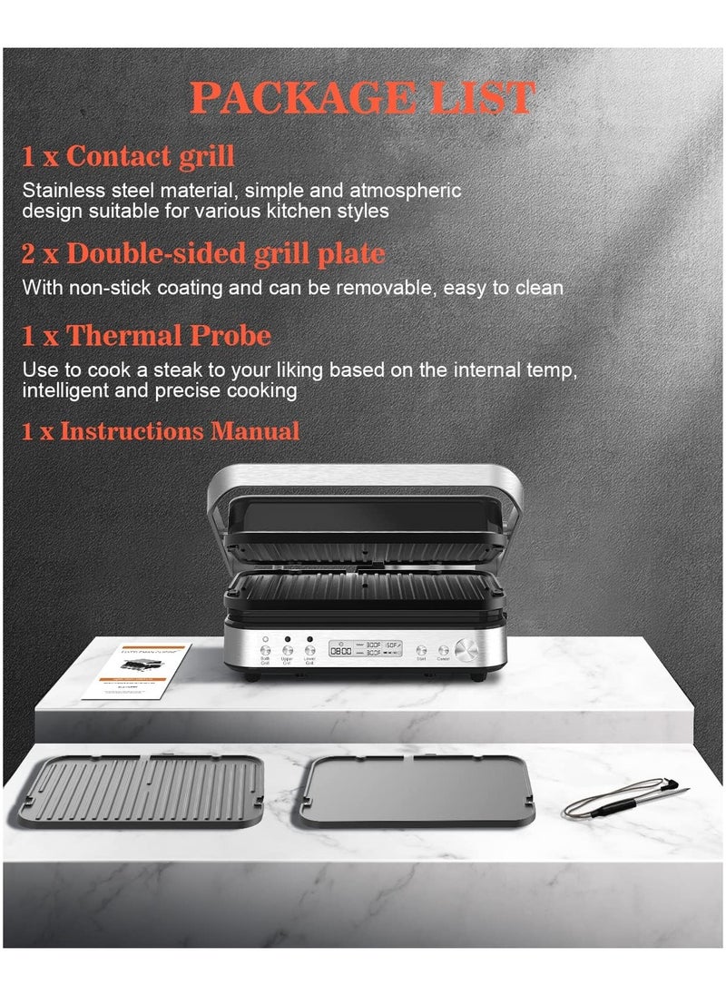 5 in 1 Indoor Grill, Electric Contact Grill and Griddle, Panini Press Grill Sandwich Maker with Meat Thermometer, LCD Display, Stainless Steel, Healthy Ceramic Nonstick, PFAS-Free, 2000W