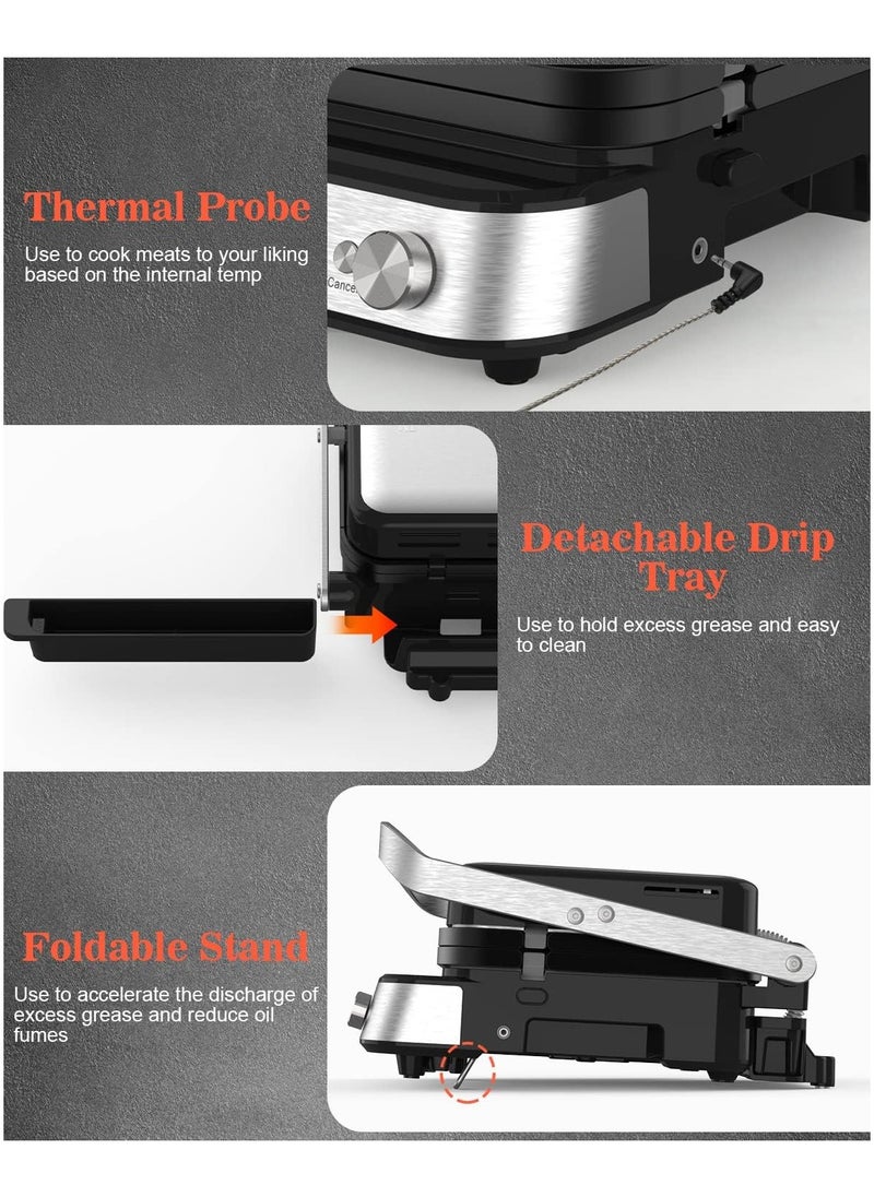 5 in 1 Indoor Grill, Electric Contact Grill and Griddle, Panini Press Grill Sandwich Maker with Meat Thermometer, LCD Display, Stainless Steel, Healthy Ceramic Nonstick, PFAS-Free, 2000W