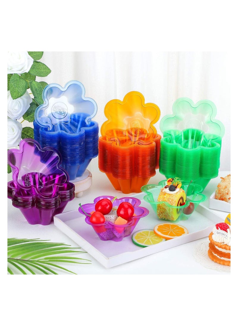 SYOSI - Plastic Ice Cream Bowls, 200 Pcs 8.5 oz Dessert Cups, Disposable Colorful Flower Shape Pudding Fruit Trifle Tasters Containers, for Sundae Chocolate Appetizers Shot Samplers Party Serving(4 colors*50) - Image 1