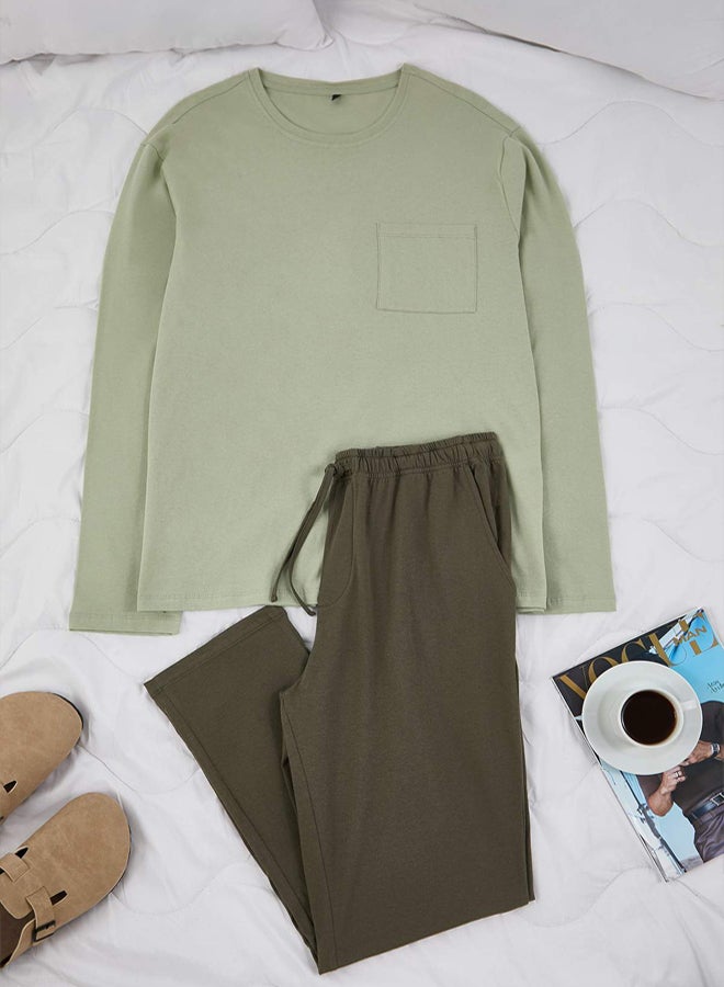 trendyol MintKhaki Regular Fit 100% Cotton Knitted Pajama Set - Image 1