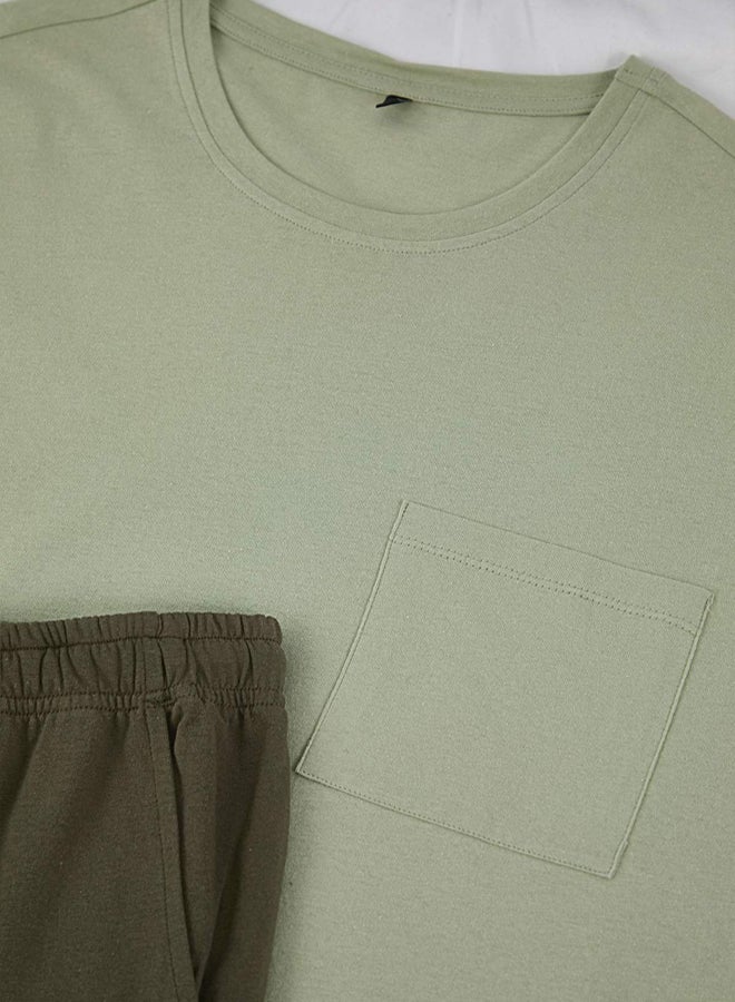 trendyol MintKhaki Regular Fit 100% Cotton Knitted Pajama Set - Image 3