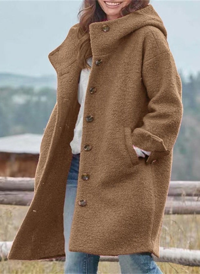 chouyatou Women's Winter Single Breasted Long Wool Coat with Hood Casual Wool Blend Trench Coat Jacket, Brown, XL - Image 3