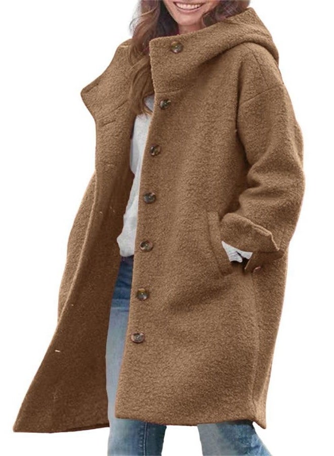 chouyatou Women's Winter Single Breasted Long Wool Coat with Hood Casual Wool Blend Trench Coat Jacket, Brown, XL - Image 1