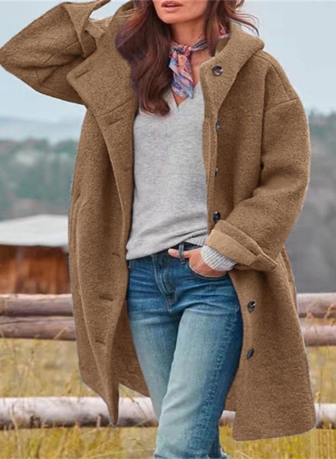 chouyatou Women's Winter Single Breasted Long Wool Coat with Hood Casual Wool Blend Trench Coat Jacket, Brown, XL - Image 2