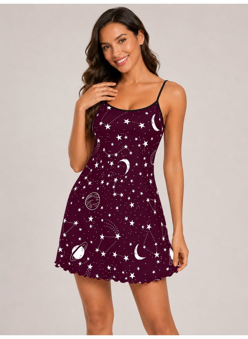 Women’s Spaghetti Strap Nightdress, Cotton-Like Soft Sleep Dress, Star Moon Print, Burgundy - Image 1