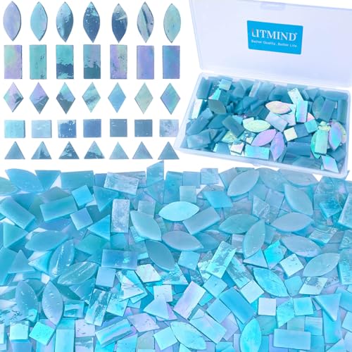 LITMIND Iridescent Glass Mosaic Tiles for Crafts, 240 Pieces 5 Shapes Mixed Stained Glass Sheets, Mosaic Kits for Adults (Iridescent Aqua) - Image 1