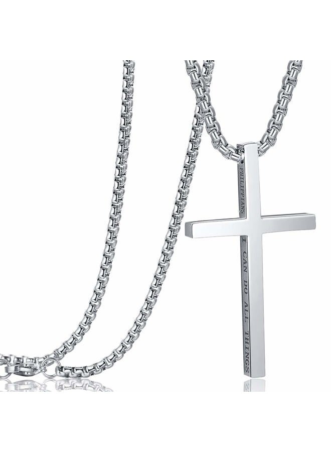 Rehoboth Stainless Steel Cross Pendant Necklaces for Men or Women Philippians 4:13 Strength Bible Verse Pendant Chain 24 Inch Silver - Image 1