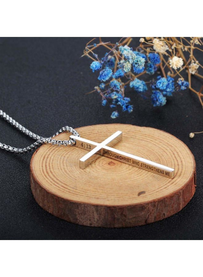 Rehoboth Stainless Steel Cross Pendant Necklaces for Men or Women Philippians 4:13 Strength Bible Verse Pendant Chain 24 Inch Silver - Image 3