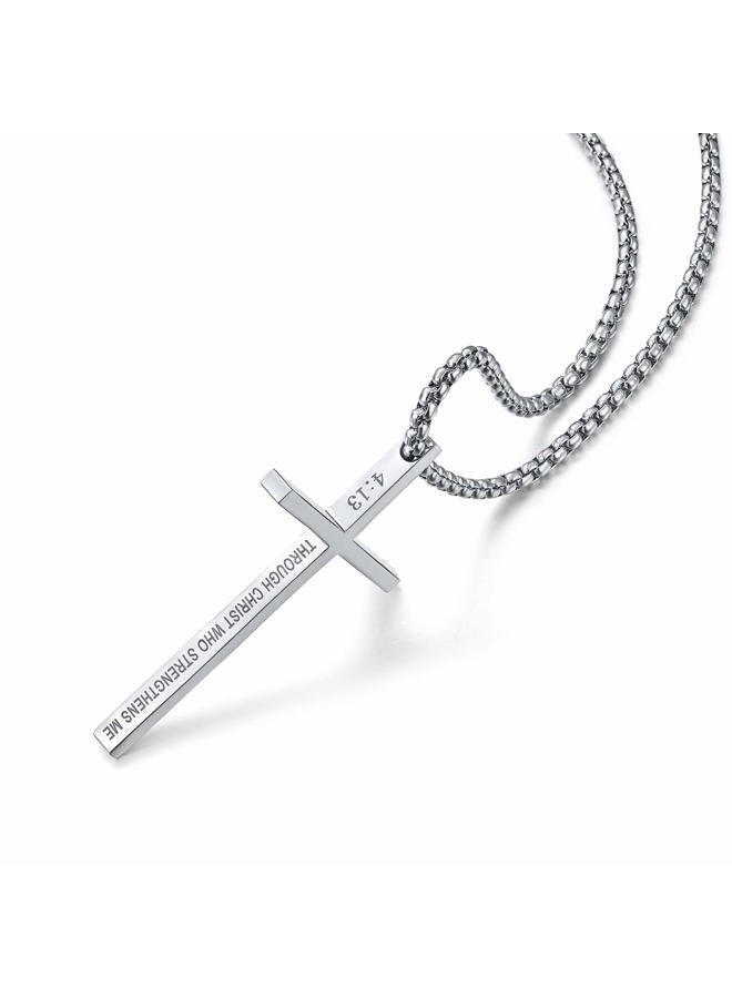 Rehoboth Stainless Steel Cross Pendant Necklaces for Men or Women Philippians 4:13 Strength Bible Verse Pendant Chain 24 Inch Silver - Image 2