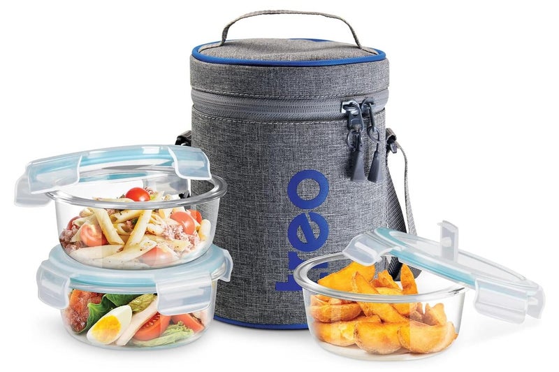 TREO by Milton All Fresh Borosilicate Glass Lunch Box Set of 3, Clear, 400 ml Each with Durable Lunch Bag, Microwave & Dishwasher Safe, Leakproof Containers, Office Tiffin - Image 1