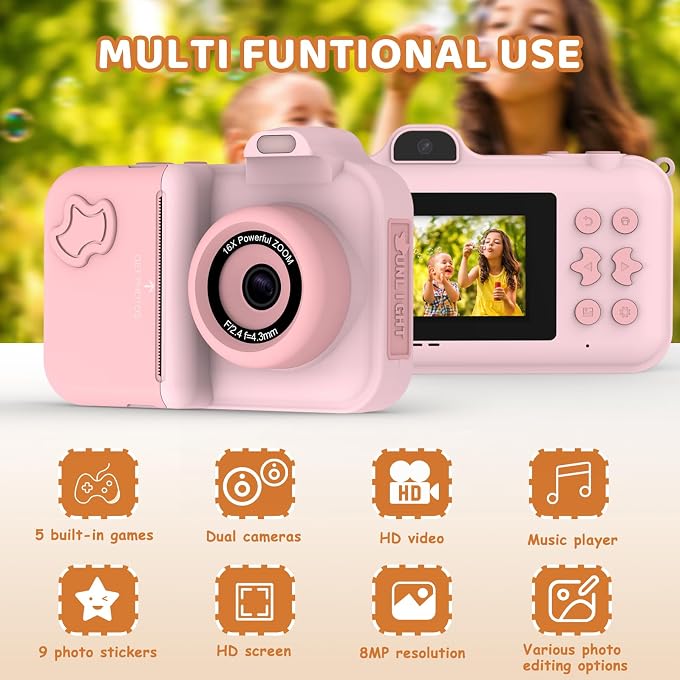 MISIRUN Instant Print Camera for Kids Ages 4-12, Birthday Gift for Girl boy | Instantly print photos, record 1080P videos, take selfies, and create with 5 paper rolls, stickers, pens, and a 32GB card. - Image 3
