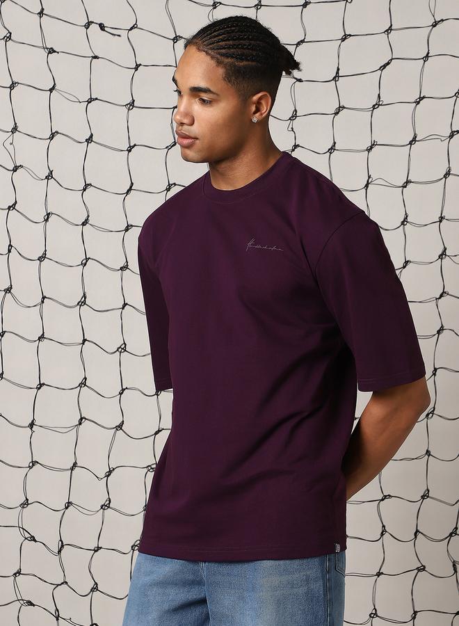 Hubberholme Men'S Purple 100% Cotton Solid Pattern Oversized T-Shirt - Image 3