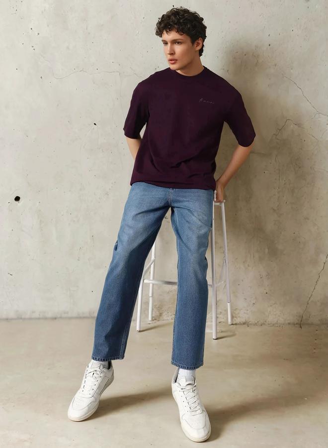 Hubberholme Men'S Purple 100% Cotton Solid Pattern Oversized T-Shirt - Image 1