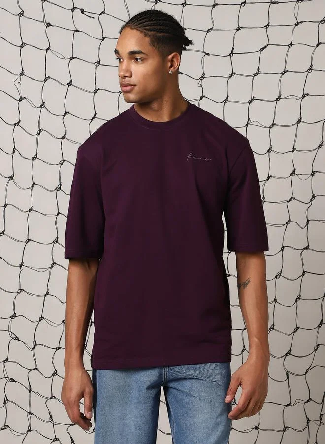 Hubberholme Men'S Purple 100% Cotton Solid Pattern Oversized T-Shirt