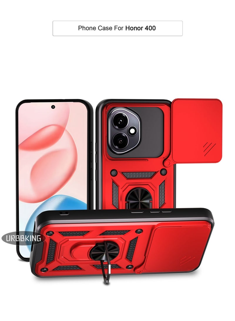 Protective Case with Slide Camera Cover and 360°Rotate Ring Kickstand Heavy Duty Protective Phone Case For Honor 400 Red