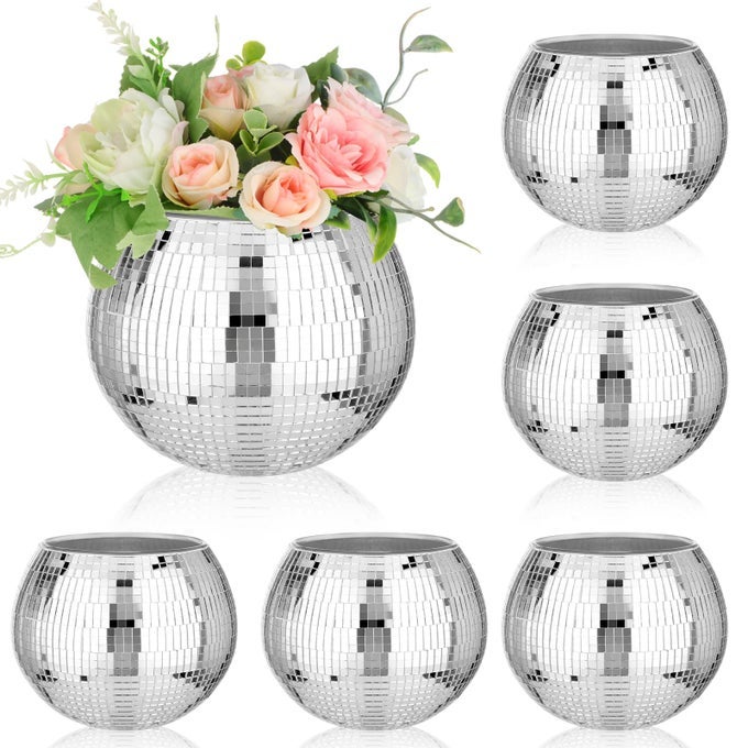 6 PIECES DISCO BALL FLOWER VASE MIRROR DISCO BALL GLASS PLANTER CANDLE HOLDER GLASS VASE BULK FOR WEDDING CENTERPIECES BEDROOM KITCHEN OFFICE DECORATION BIRTHDAY SILVER 5 X 6 INCH