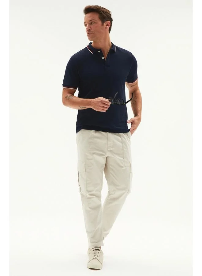 JUNE June Men Regular Fit Double Stripe Detailed Cotton Polo Neck Tshirt Dark Navy