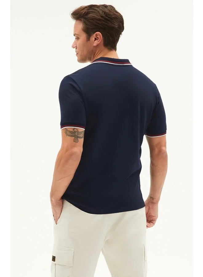 JUNE June Men Regular Fit Double Stripe Detailed Cotton Polo Neck Tshirt Dark Navy