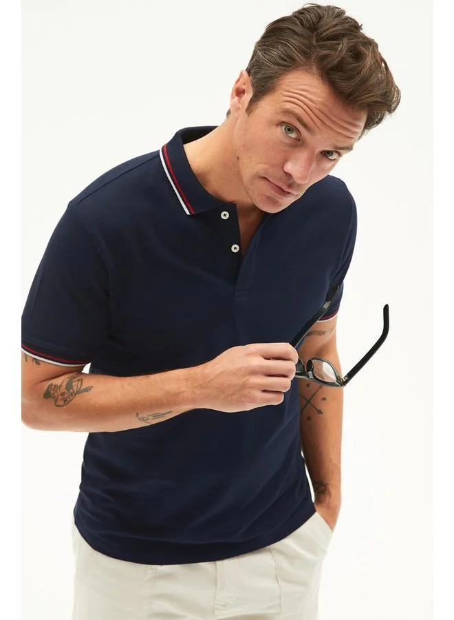 JUNE June Men Regular Fit Double Stripe Detailed Cotton Polo Neck Tshirt Dark Navy