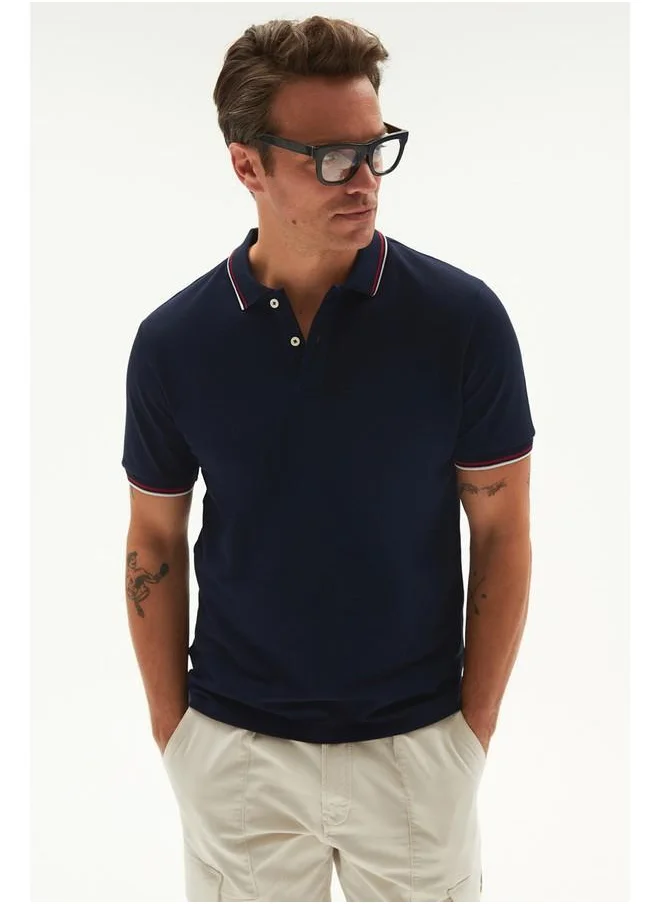 جون June Men Regular Fit Double Stripe Detailed Cotton Polo Neck Tshirt Dark Navy