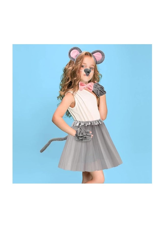 6 Pieces Mouse Costume Accessory Set Mice Headband Mouse Ears Nose Bow Tie Tail Tutu Skirt Gloves for Kids Adult Carnival World Book Day Cosplay Halloween Party