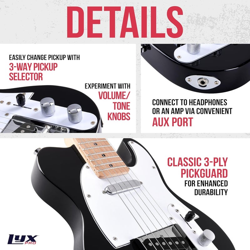 جيتار LyxPro الكهربائي Telecaster 30 بوصة | جسم صلب كامل الحجم من خشب الباولونيا، واقي بيكجارد ثلاثي الطبقات، رقبة على شكل C، جسر على شكل منفضة سجائر، موالفات تروس عالية الجودة، مفتاح ثلاثي الاتجاهات وتحكم في الصوت والنغمة | يتضمن 2 معول - Image 4