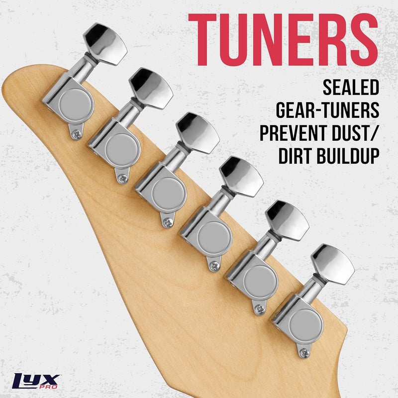 جيتار LyxPro الكهربائي Telecaster 30 بوصة | جسم صلب كامل الحجم من خشب الباولونيا، واقي بيكجارد ثلاثي الطبقات، رقبة على شكل C، جسر على شكل منفضة سجائر، موالفات تروس عالية الجودة، مفتاح ثلاثي الاتجاهات وتحكم في الصوت والنغمة | يتضمن 2 معول - Image 5