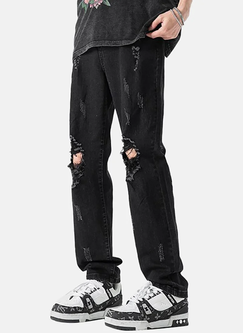 YUNIQEE Black Solid Mid Rise Straight Fit Straight Jeans