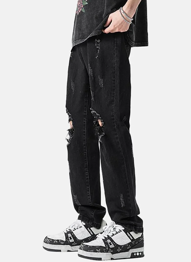 YUNIQEE Black Solid Mid Rise Straight Fit Straight Jeans