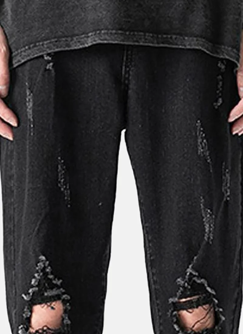 YUNIQEE Black Solid Mid Rise Straight Fit Straight Jeans