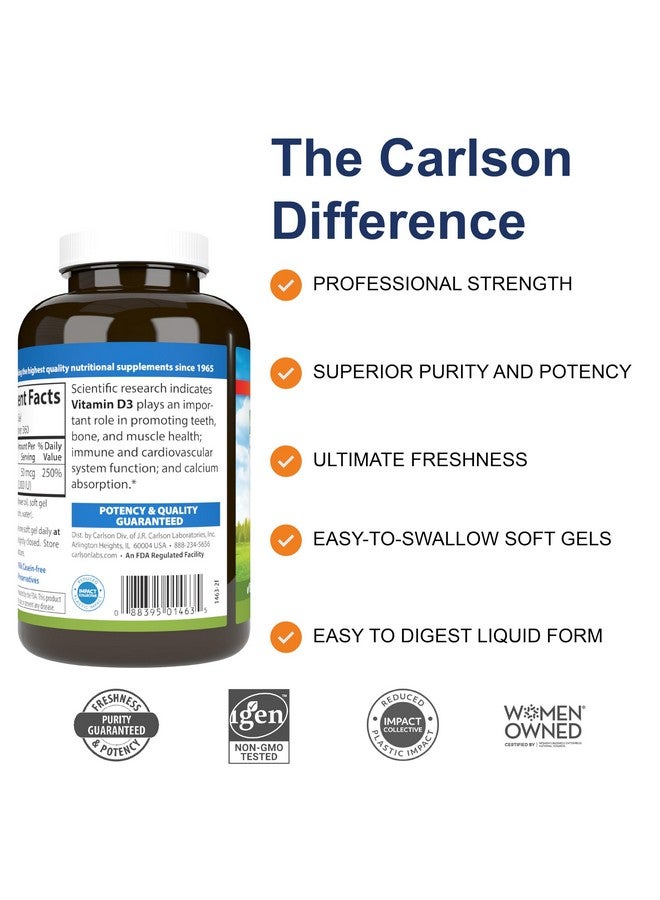 Carlson - Vitamin D3, 2000 IU (50 mcg), Bone & Immune Health, Vitamin D Supplements, Cholecalciferol Supplement, Gluten Free Vitamin D Capsules, 360 Softgels - Image 2