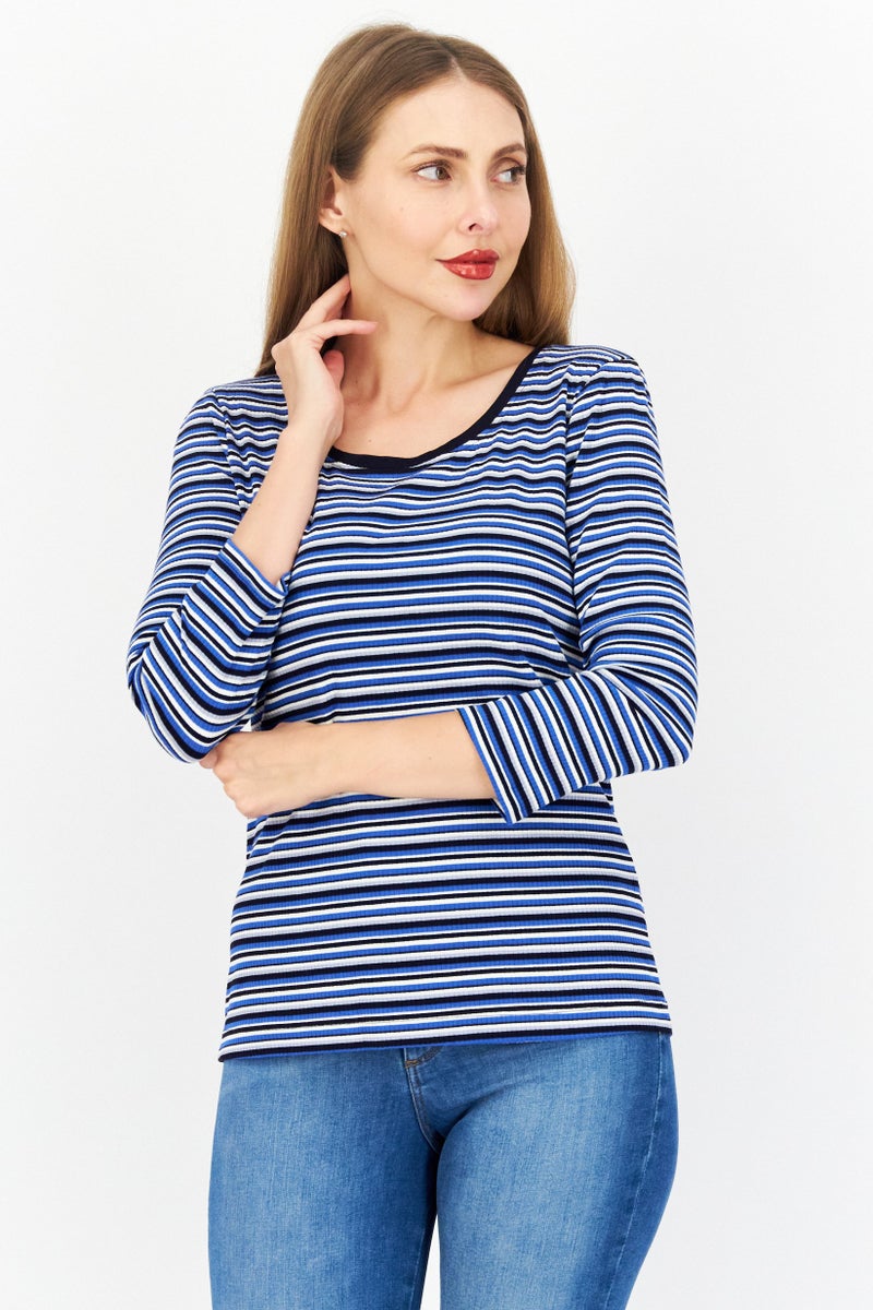 Zero Women Round Neck Long  Sleeves Stripe Top, Blue Combo - Image 1