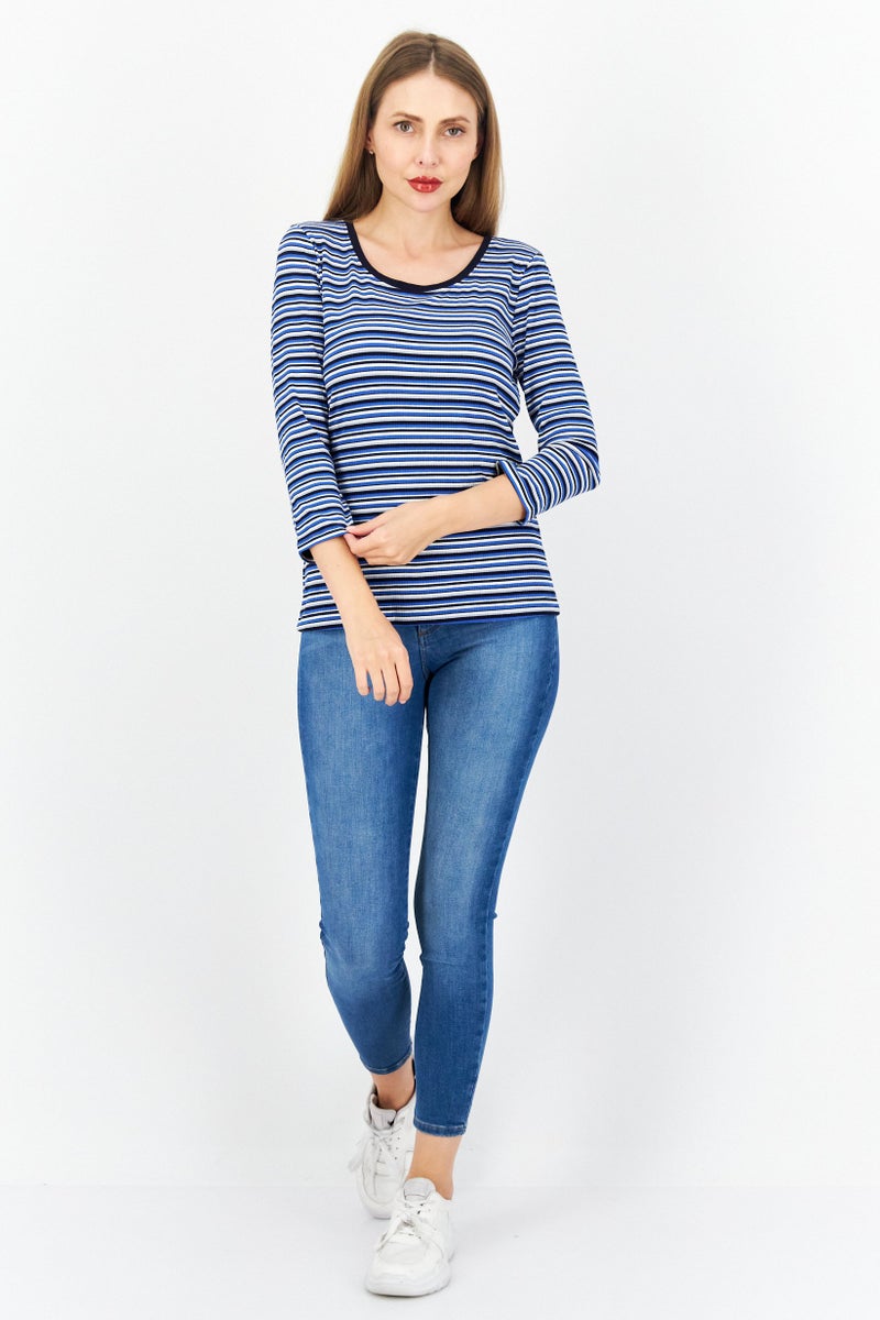 Zero Women Round Neck Long  Sleeves Stripe Top, Blue Combo - Image 3