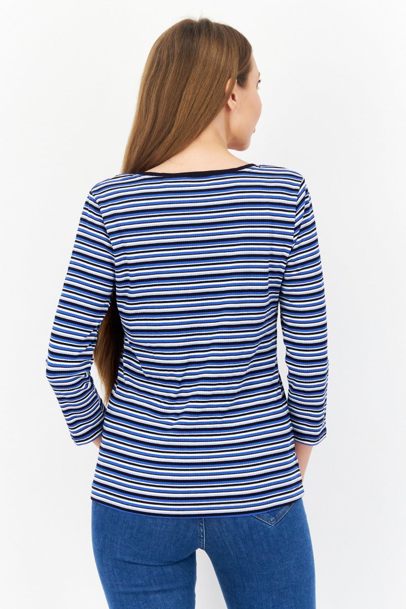 Zero Women Round Neck Long  Sleeves Stripe Top, Blue Combo - Image 4