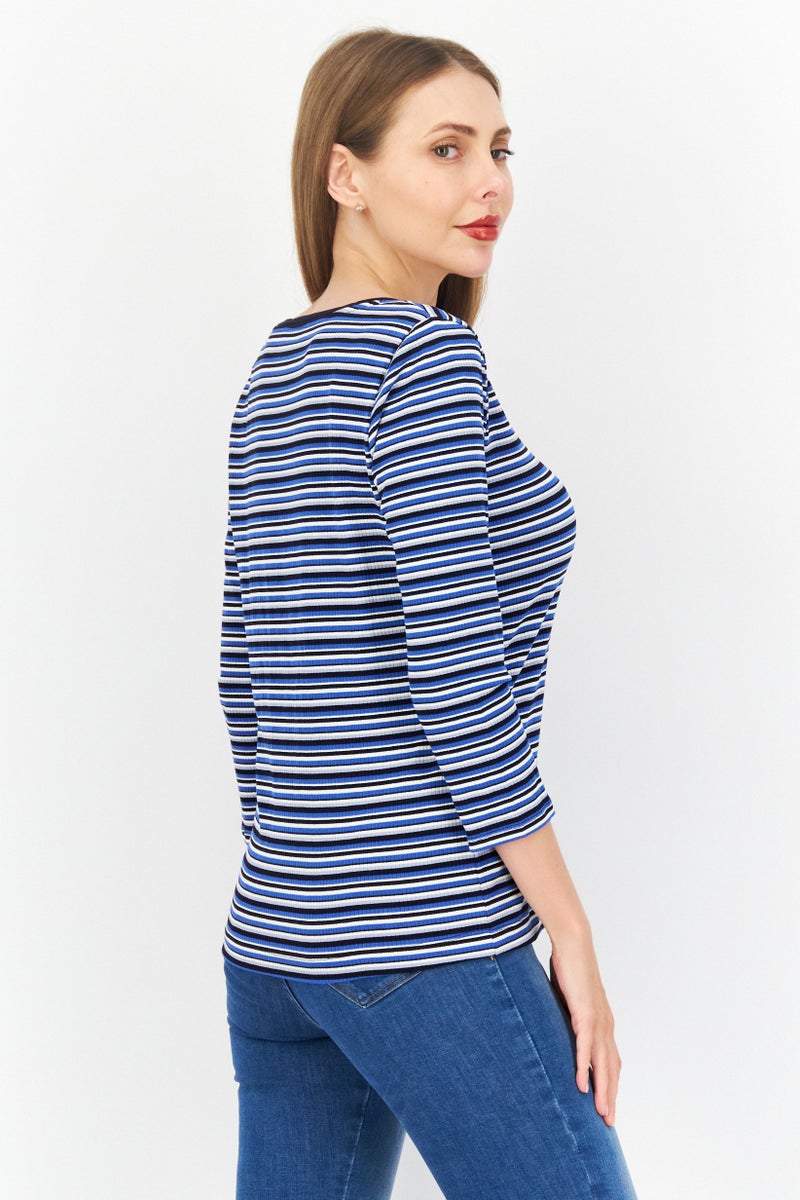 Zero Women Round Neck Long  Sleeves Stripe Top, Blue Combo - Image 2