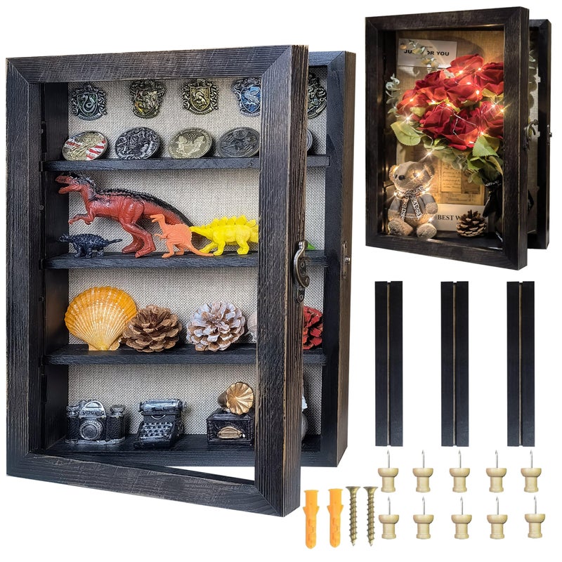 Houstimi Black 11x16 Large Shadow Box Frame Deep Shadow Box with Shelves Pet Memorial Shadow Box Display Case with Linen Back for Flowers, Pictures, Medals, Coins, Pins Collection and More - Image 1