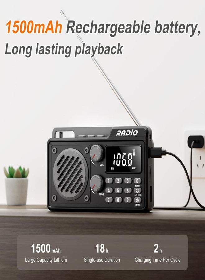 kamapulo Portable Radio AM FM 1500mAh Rechargeable with Best Reception, Transistor shortwave Radio Wireless Bluetooth Speaker, with Large LCD Screen, Support TF Card U Disk, Earphone, Sleep Timer (Black) - Image 2