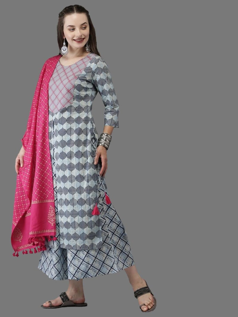 Jaffix Women's Rayon Blend Anarkali Printed Kurta with Pant & Dupatta & Printed,Women's Cotton Regular Fit,Lightweight Casual Wear (in, Alpha, M, Regular, Standard, Grey) - Image 4