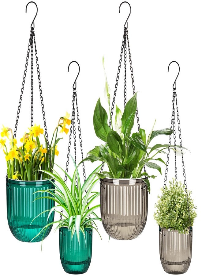 Maxcheck 4 Pcs Self Watering Hanging Planters Indoor Gift 6.5'' 4.5'' Hanging Flower Pots Baskets Outdoor Self Watering Hanging Plant with 3hooks Drainage Holes for Home (Emerald,Grey) - Image 1