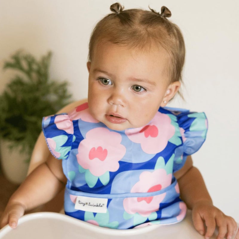 Tiny Twinkle Mess-Proof Baby Bibs for Eating | Waterproof, Wipeable Toddler Bibs with Catch-All Pocket | Feeding Bibs for Girls & Boys(3 Pack,Blue Floral) - Image 2