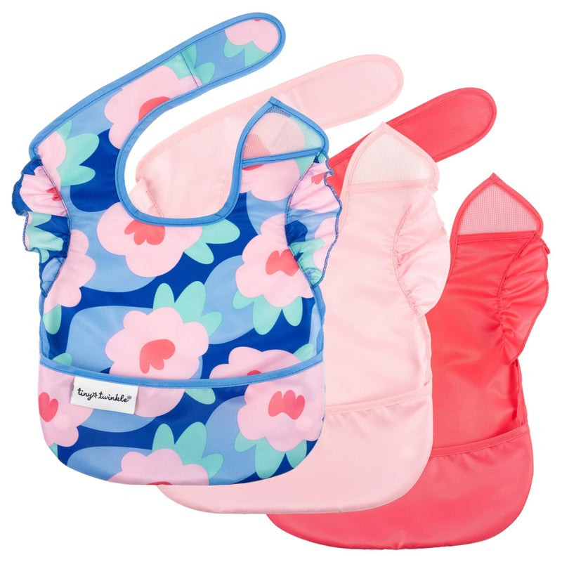 Tiny Twinkle Mess-Proof Baby Bibs for Eating | Waterproof, Wipeable Toddler Bibs with Catch-All Pocket | Feeding Bibs for Girls & Boys(3 Pack,Blue Floral) - Image 1
