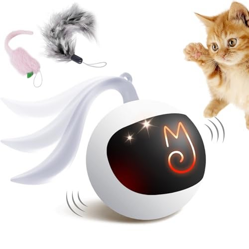 Migipaws Interactive Cat Ball Toy Set, Fun Tracker, Automatic Rolling Chase Ball with Fluffy Tail, A Small Mice, Rechargeable (White) - Image 1