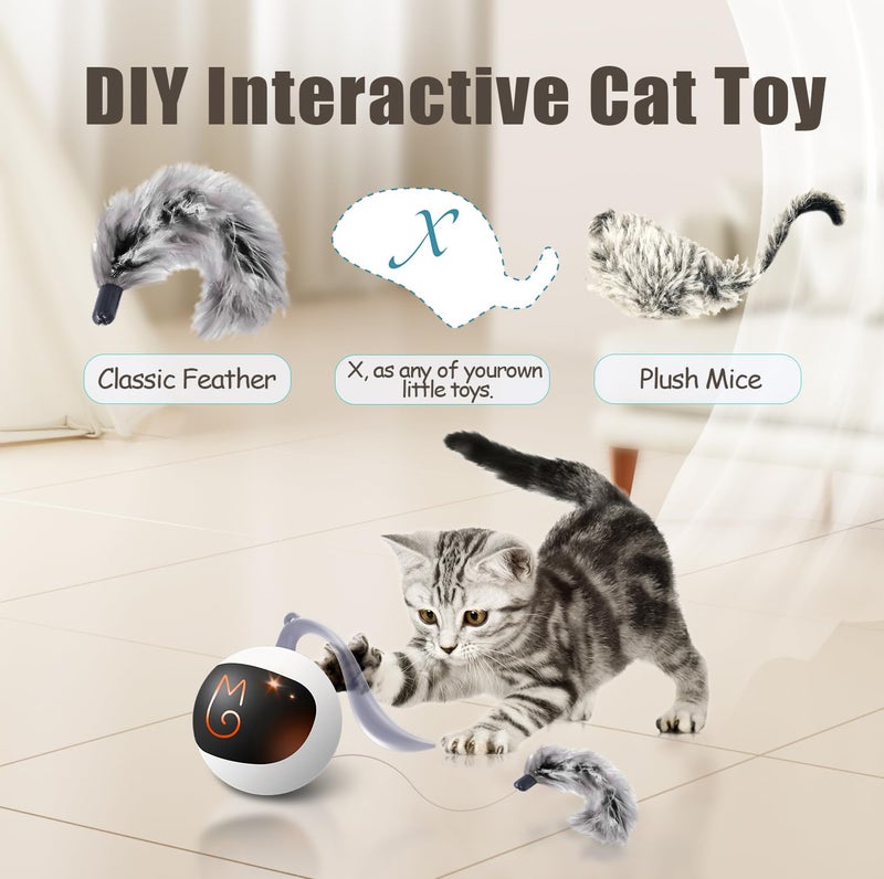 Migipaws Interactive Cat Ball Toy Set, Fun Tracker, Automatic Rolling Chase Ball with Fluffy Tail, A Small Mice, Rechargeable (White) - Image 3