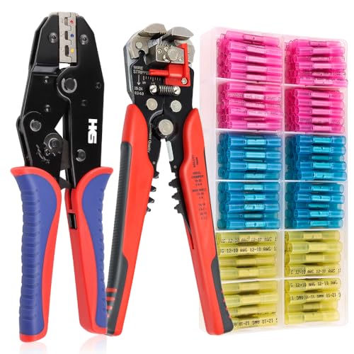 HKS Crimping Tool for Heat Shrink Connectors with 3 in 1 Stripper & 180PCS Marine Grade Heat Shrink Butt Connectors of Tinned Red Copper AWG 22-10 - Image 1
