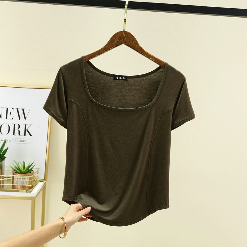 Black Modal Square Collar Short-Sleeved T-Shirt For Women Summer Slim-Fit Off-The-Collarbone Top French Half-Sleeve Base - Image 1